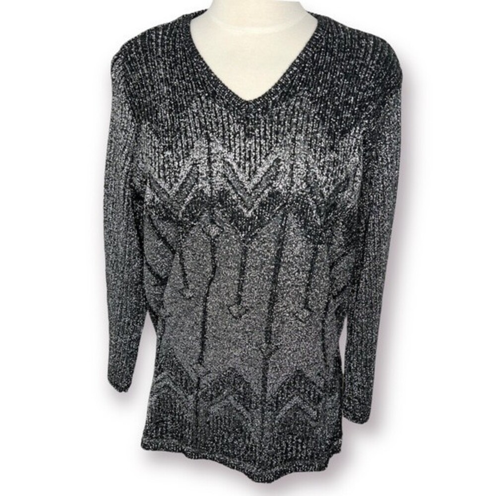 Vintage Metallic Knit Sweater Silver Black Art Deco Holiday V Neck Top